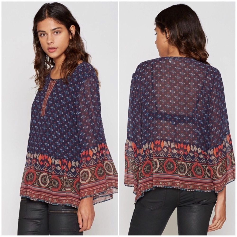 Joie Hakima Printed Silk Peplum Bell Sleeve Blouse